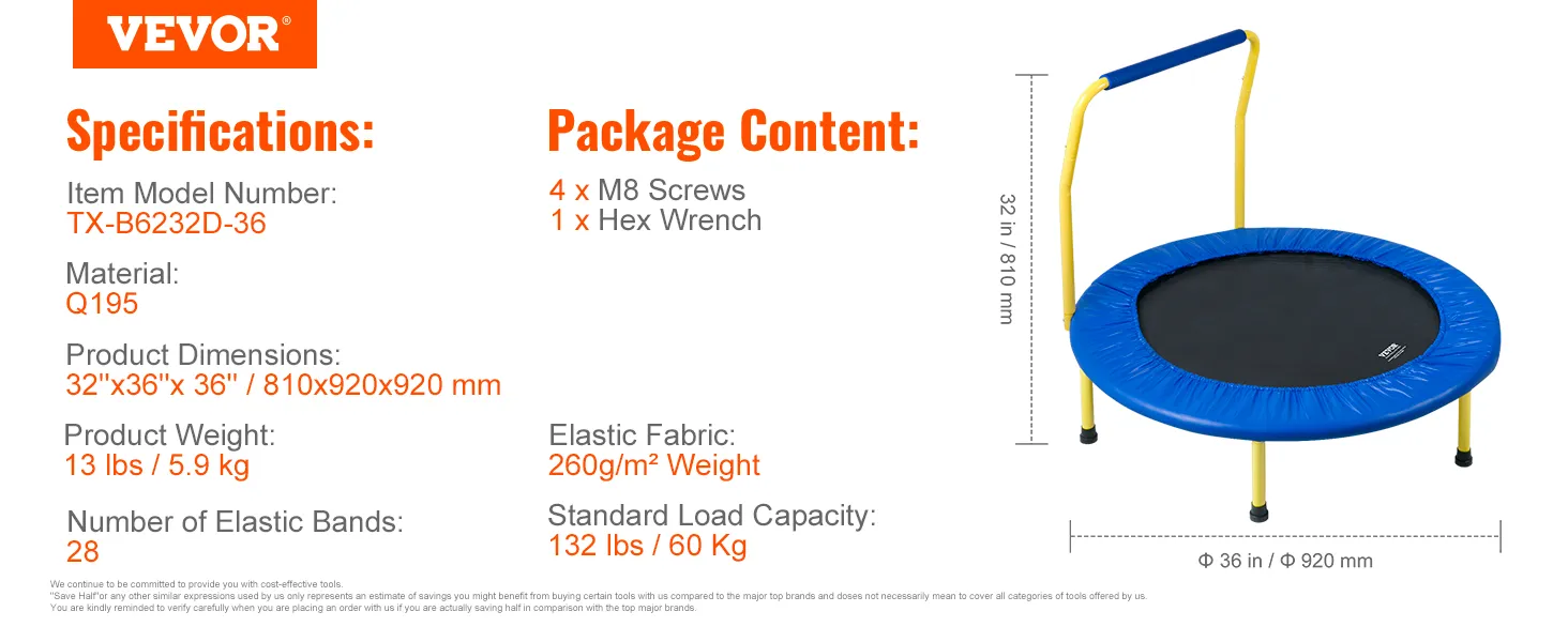 VEVOR trampoline with a safety handle, dimensions 32"x36"x36", weighs 13 lbs, supports up to 132 lbs.