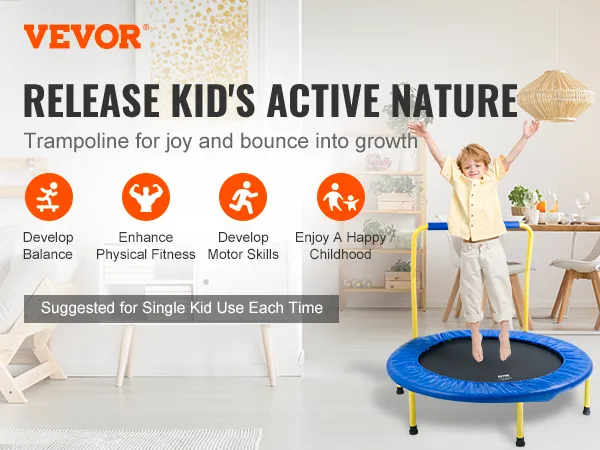 Pubblicità del trampolino VEVOR: bambini che saltano, benefici della forma fisica, equilibrio, capacità motorie, infanzia felice.