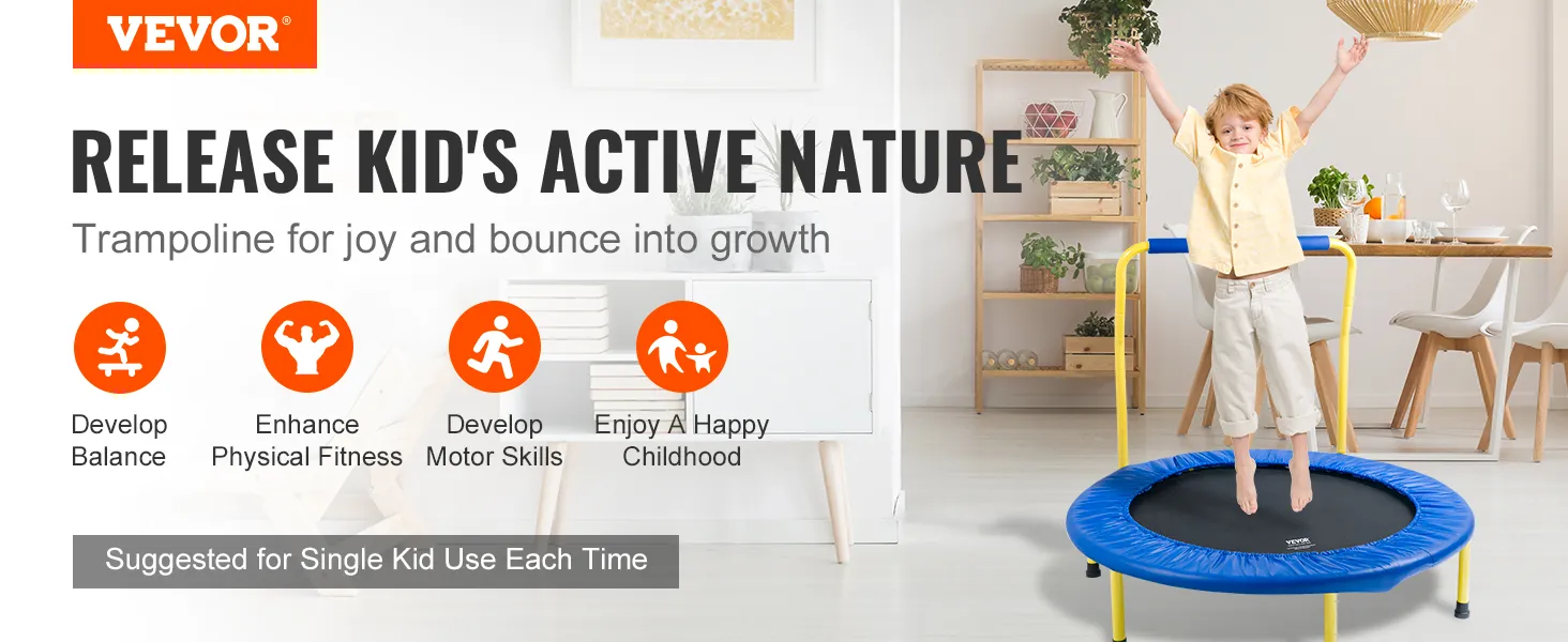 Pubblicità del trampolino VEVOR: bambini che saltano, benefici della forma fisica, equilibrio, capacità motorie, infanzia felice.