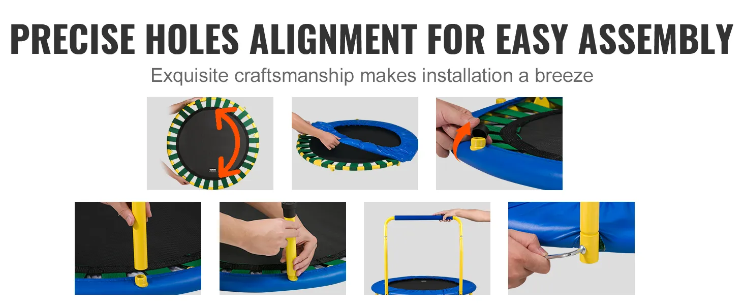 VEVOR trampoline assembly process with precise holes alignment and yellow tool for easy installation.