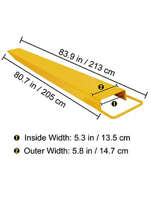 VEVOR pallet fork extension dimensions: 83.9 in/213 cm length, 5.8 in/14.7 cm width.