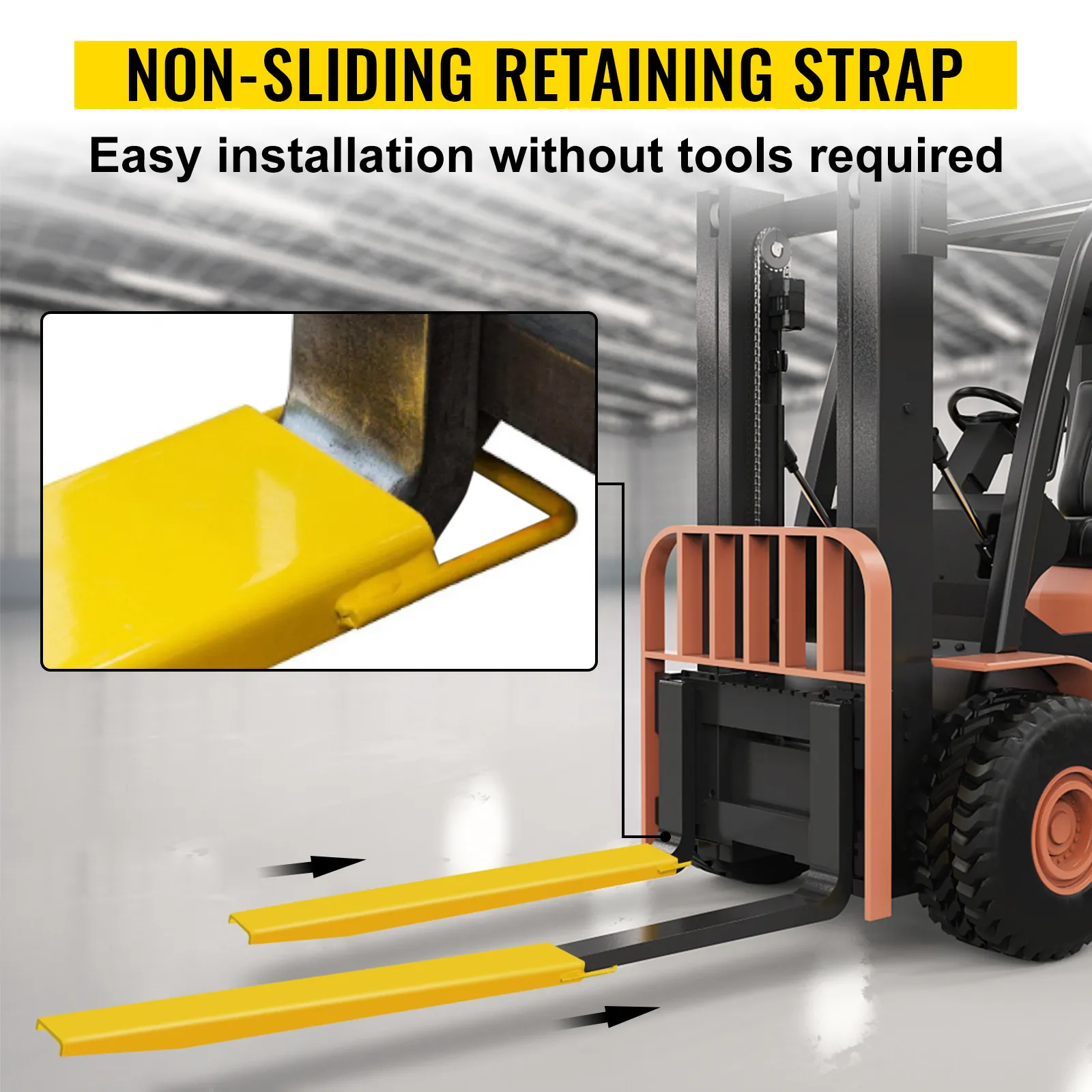 VEVOR pallet fork extension with non-sliding retaining strap for easy installation.