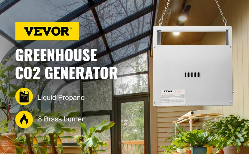 VEVOR co2 burner in a greenhouse using liquid propane with 8 brass burners.