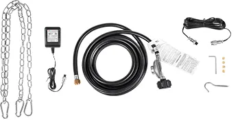 VEVOR co2 burner kit components with chains, hose, regulator, and power adapter.
