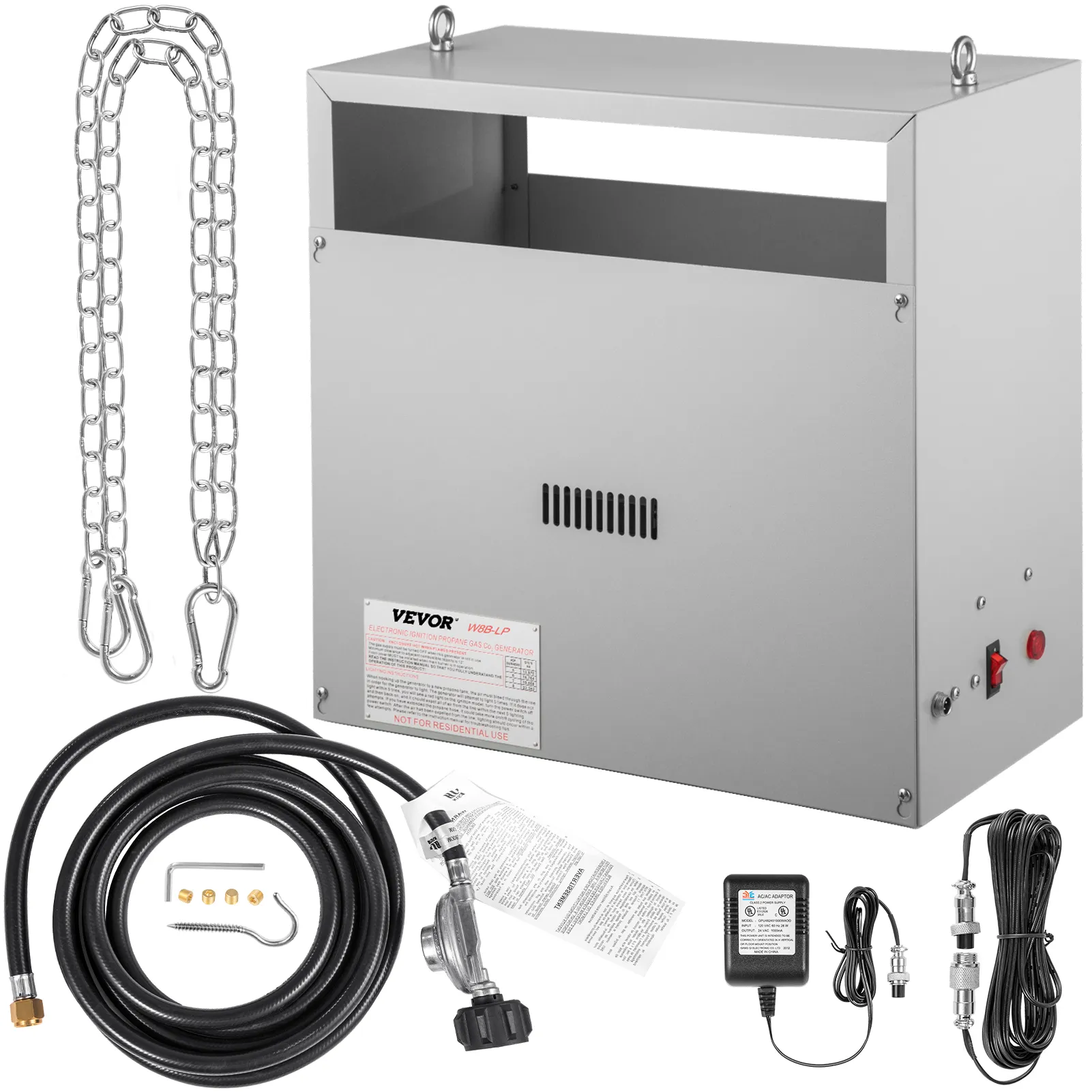 VEVOR co2 burner with accessories including chains, hose, regulator, and power cables.