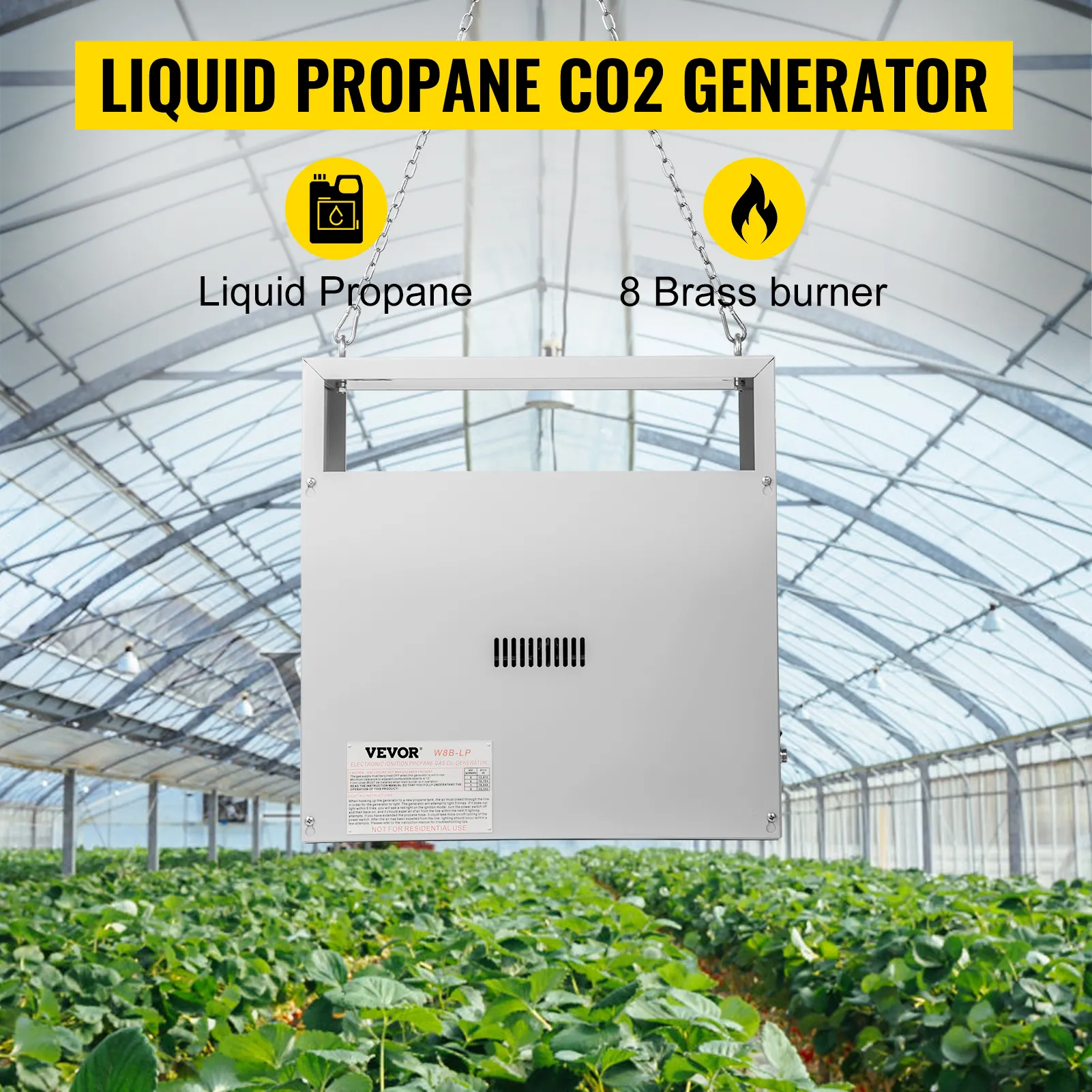 VEVOR co2 burner in greenhouse with liquid propane and 8 brass burner features.
