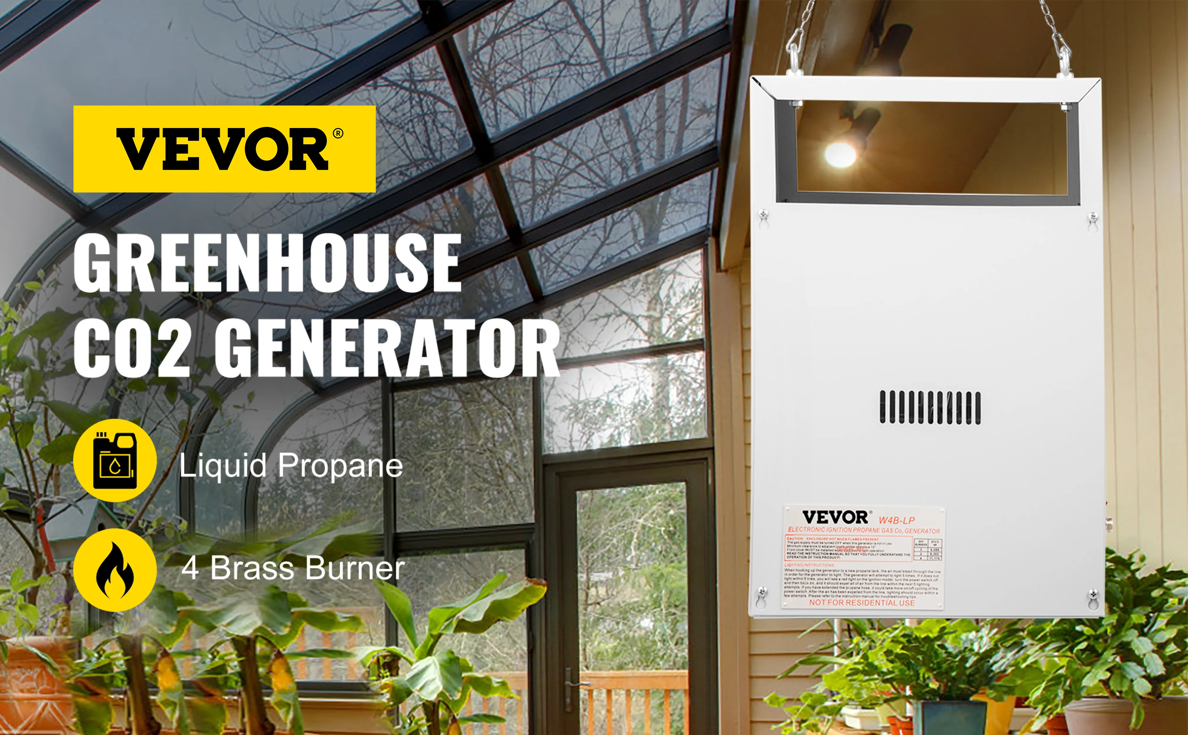 VEVOR co2 burner in a greenhouse with plants and glass roof, uses liquid propane.