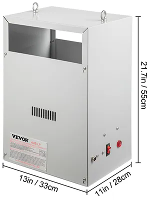 VEVOR co2 burner, 21.7in/55cm height, 13in/33cm width, 11in/28cm depth, with switches and label.