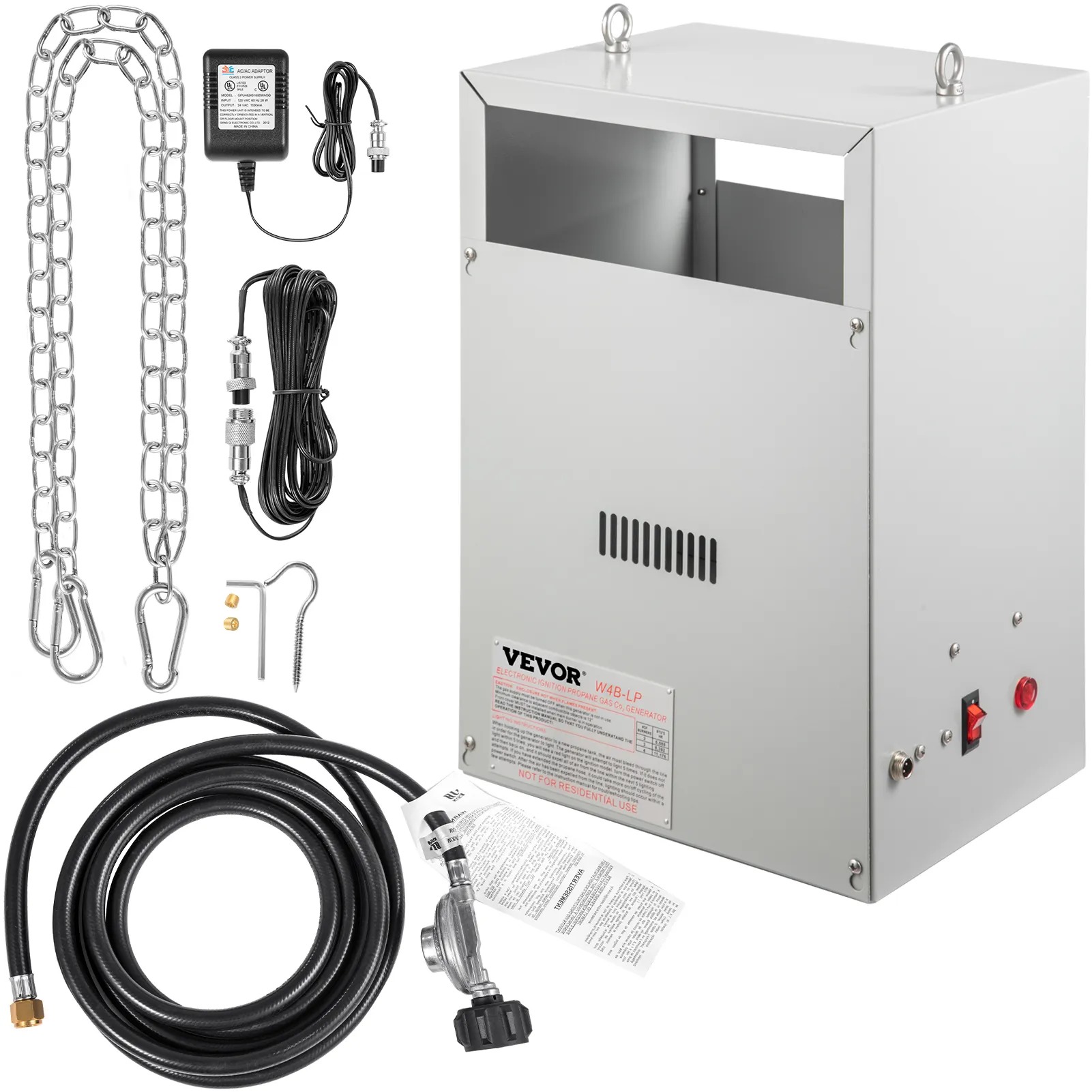 VEVOR co2 burner kit with chains, power adapter, connecting cables, and gas hose.