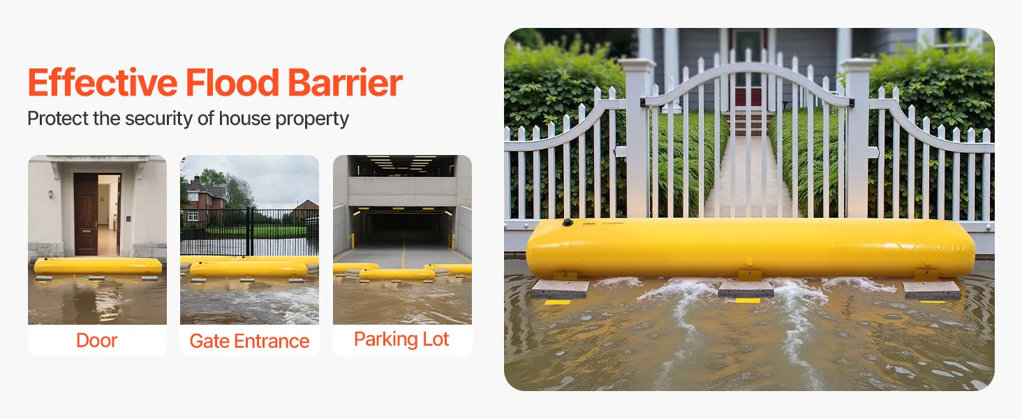 VEVOR flood barrier protecting urban area from flood damage, lightweight, reusable, and stable.