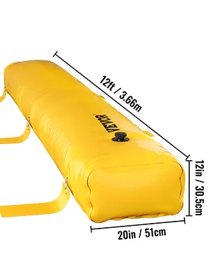 yellow VEVOR flood barrier, 12ft long, 20in wide, and 12in high with attached straps, ready for deployment.