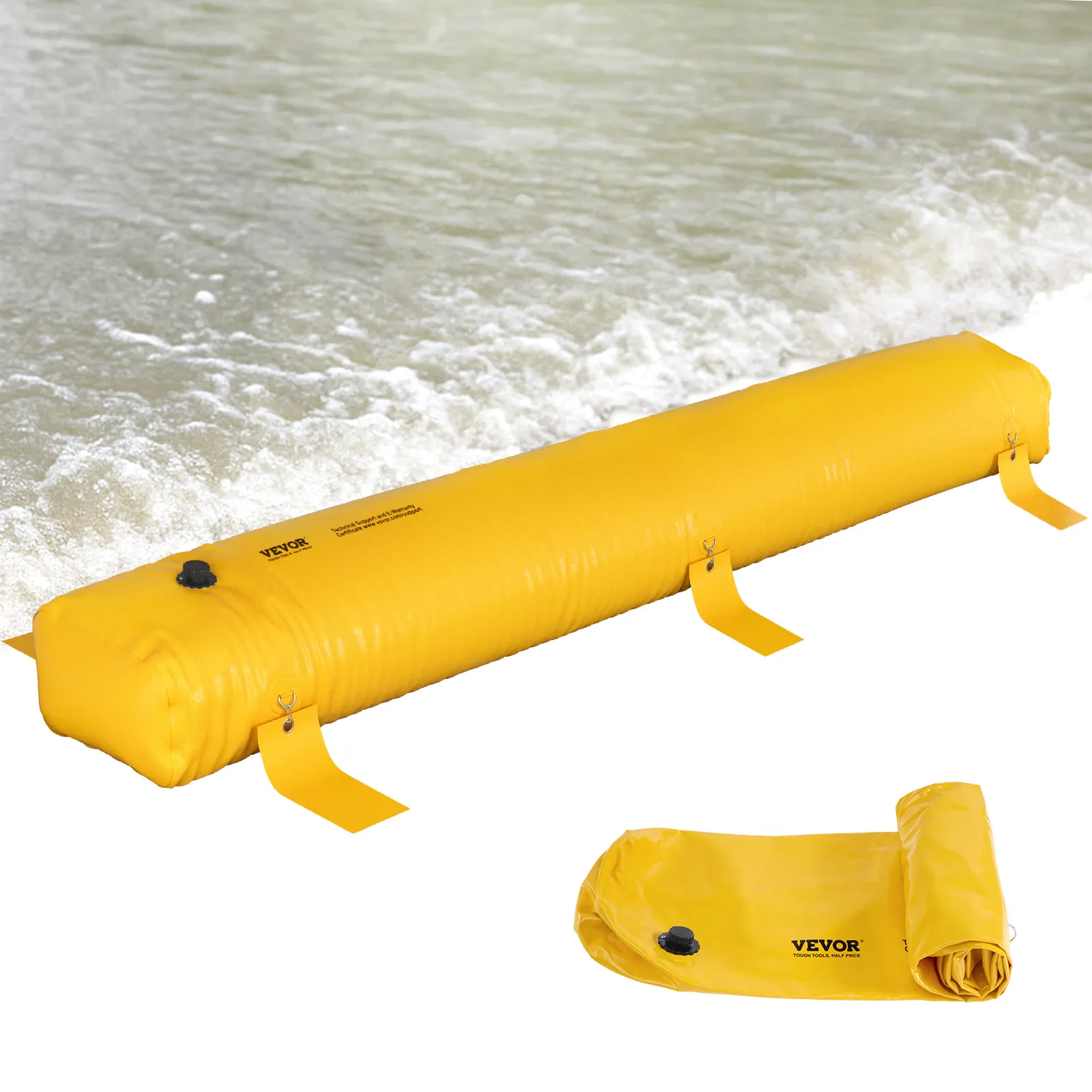 yellow VEVOR flood barrier with attachment loops and inflating valve for flood protection.