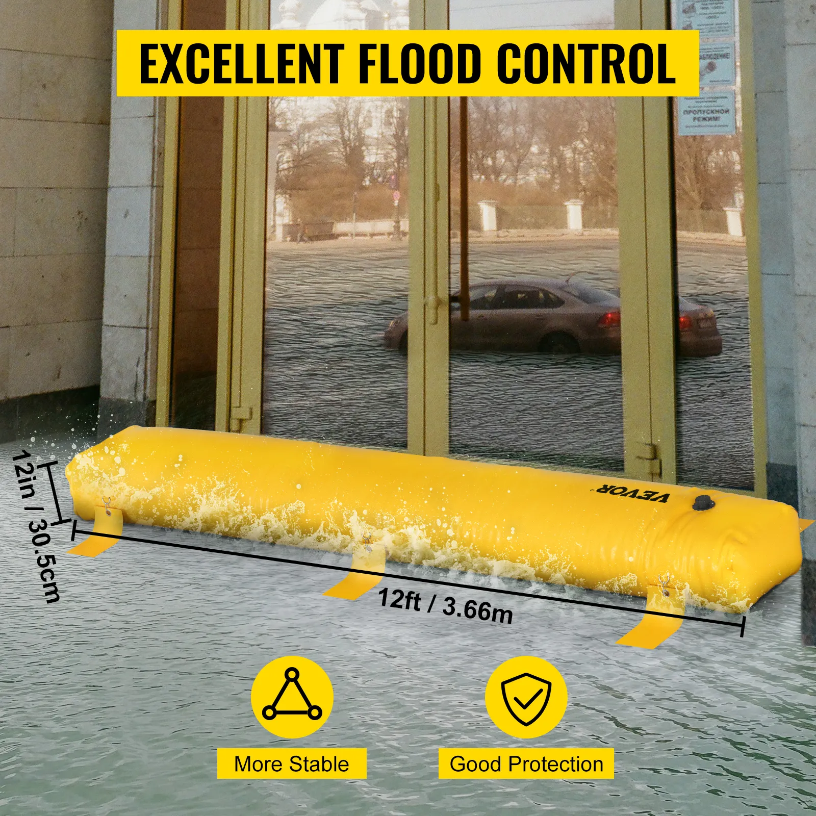 VEVOR flood barrier in front of a building, showcasing excellent flood control and protection.