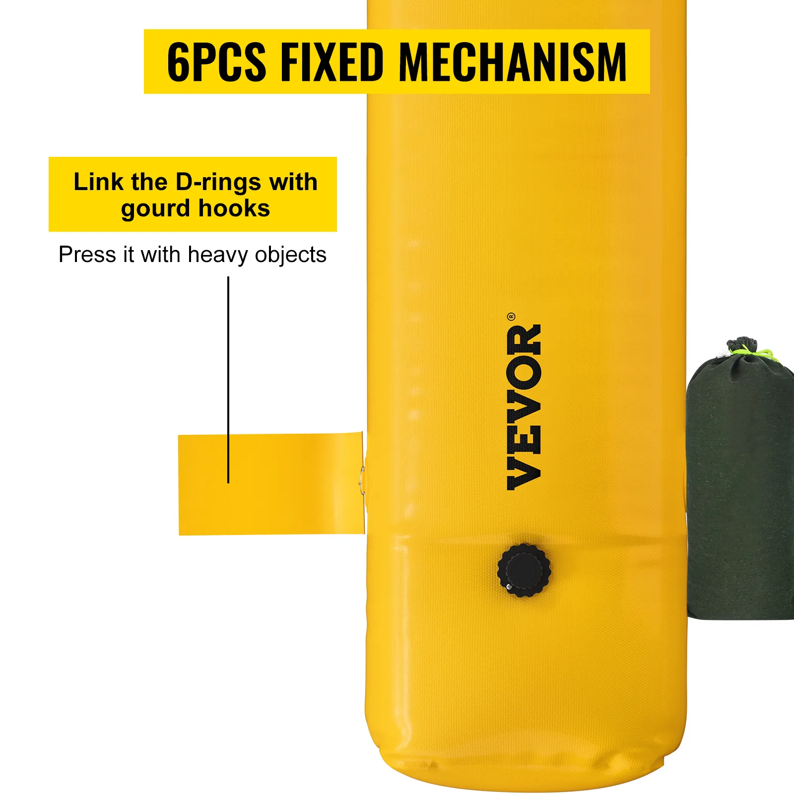 VEVOR flood barrier, 6pcs fixed mechanism with yellow d-rings, gourd hooks, and heavy press areas.