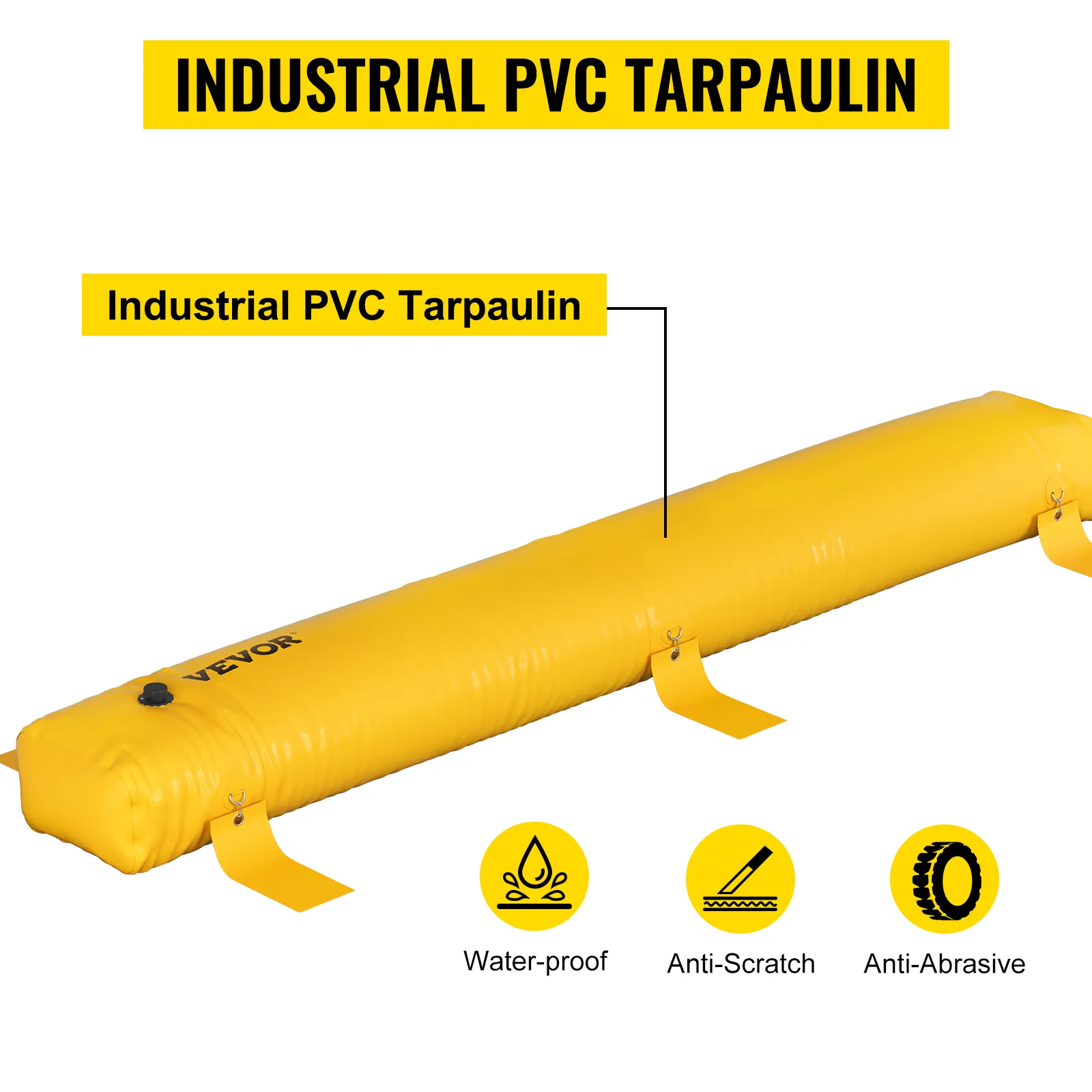 VEVOR flood barrier in yellow pvc tarpaulin, waterproof, anti-scratch, and anti-abrasive properties.