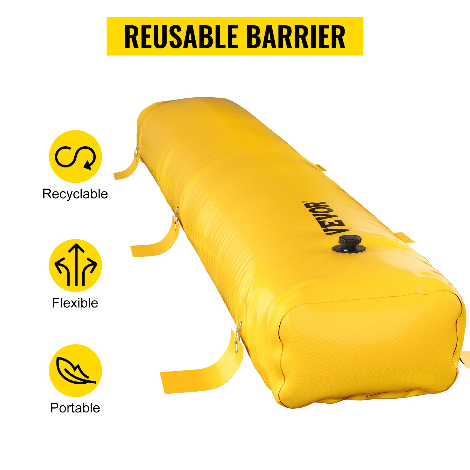 VEVOR flood barrier, yellow reusable, recyclable, flexible, and portable flood protection solution.