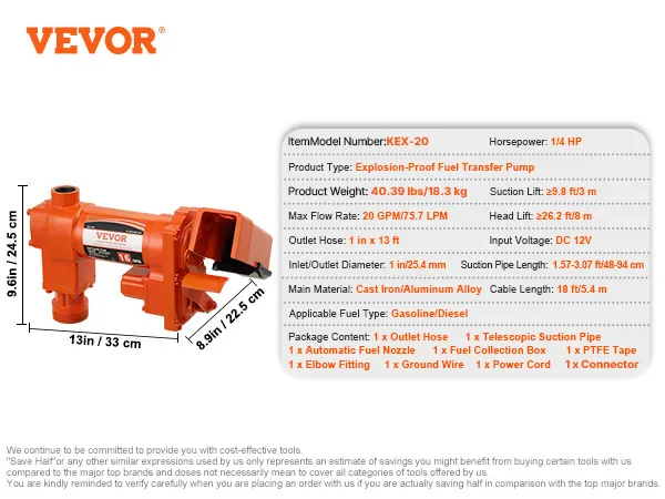 VEVOR fuel transfer pump details with dimensions, specifications, and included accessories on a white background.