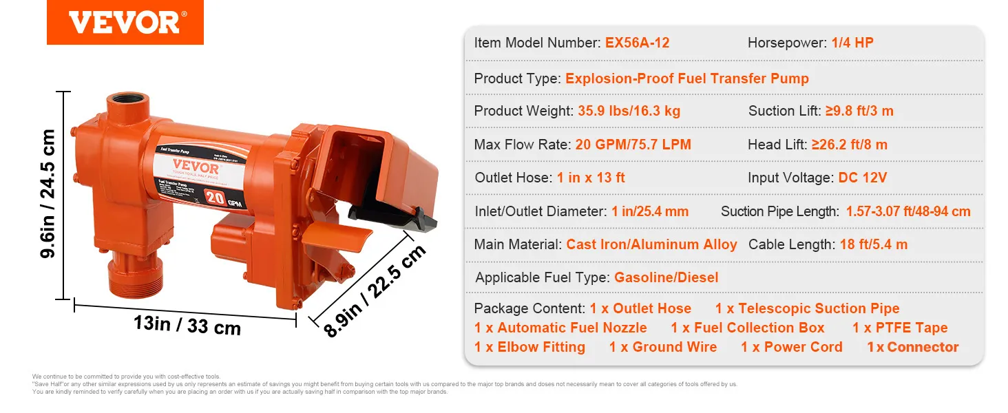 VEVOR fuel transfer pump details with dimensions, specifications, and included accessories on a white background.