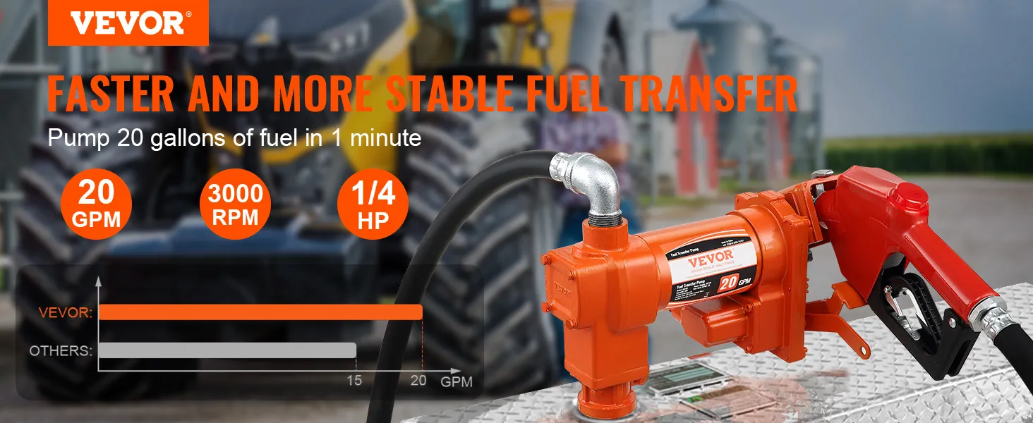 VEVOR fuel transfer pump showcasing 20 gpm, 3000 rpm, and 1/4 hp for efficient fuel transfer.