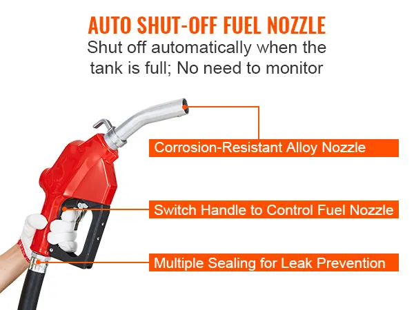 VEVOR fuel transfer pump with auto shut-off nozzle, corrosion-resistant alloy, and leak prevention seals.