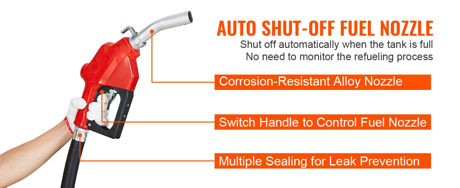 VEVOR fuel transfer pump with auto shut-off nozzle, corrosion-resistant alloy, and leak prevention seals.