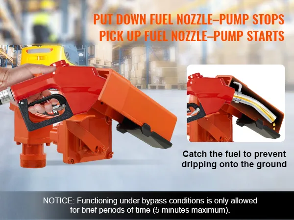 hand holding a VEVOR fuel transfer pump nozzle in a warehouse setting with instructional text.