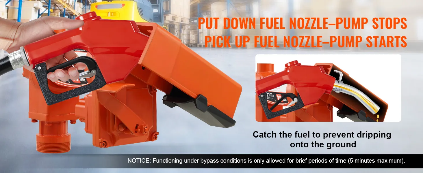 hand holding a VEVOR fuel transfer pump nozzle in a warehouse setting with instructional text.