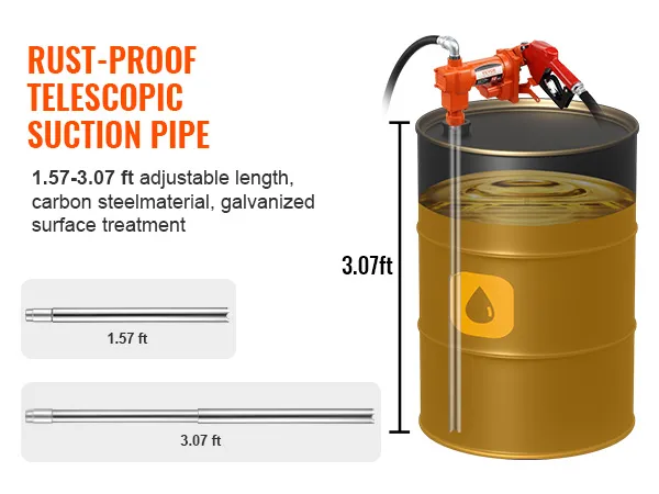 rust-proof telescopic suction pipe for VEVOR fuel transfer pump, adjustable length 1.57-3.07 ft.
