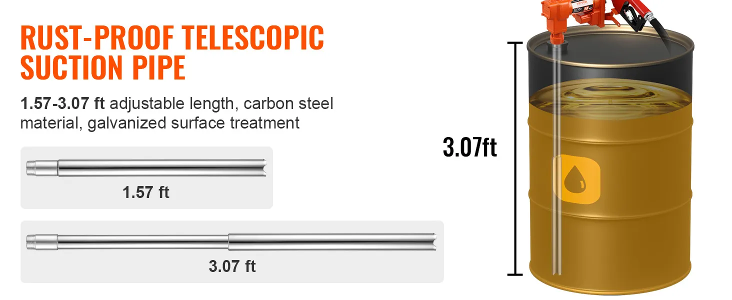 rust-proof telescopic suction pipe for VEVOR fuel transfer pump, adjustable length 1.57-3.07 ft.
