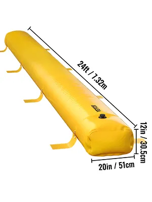 yellow VEVOR flood bag, 24ft long, 20in wide, 12in tall, with handles and black valve.