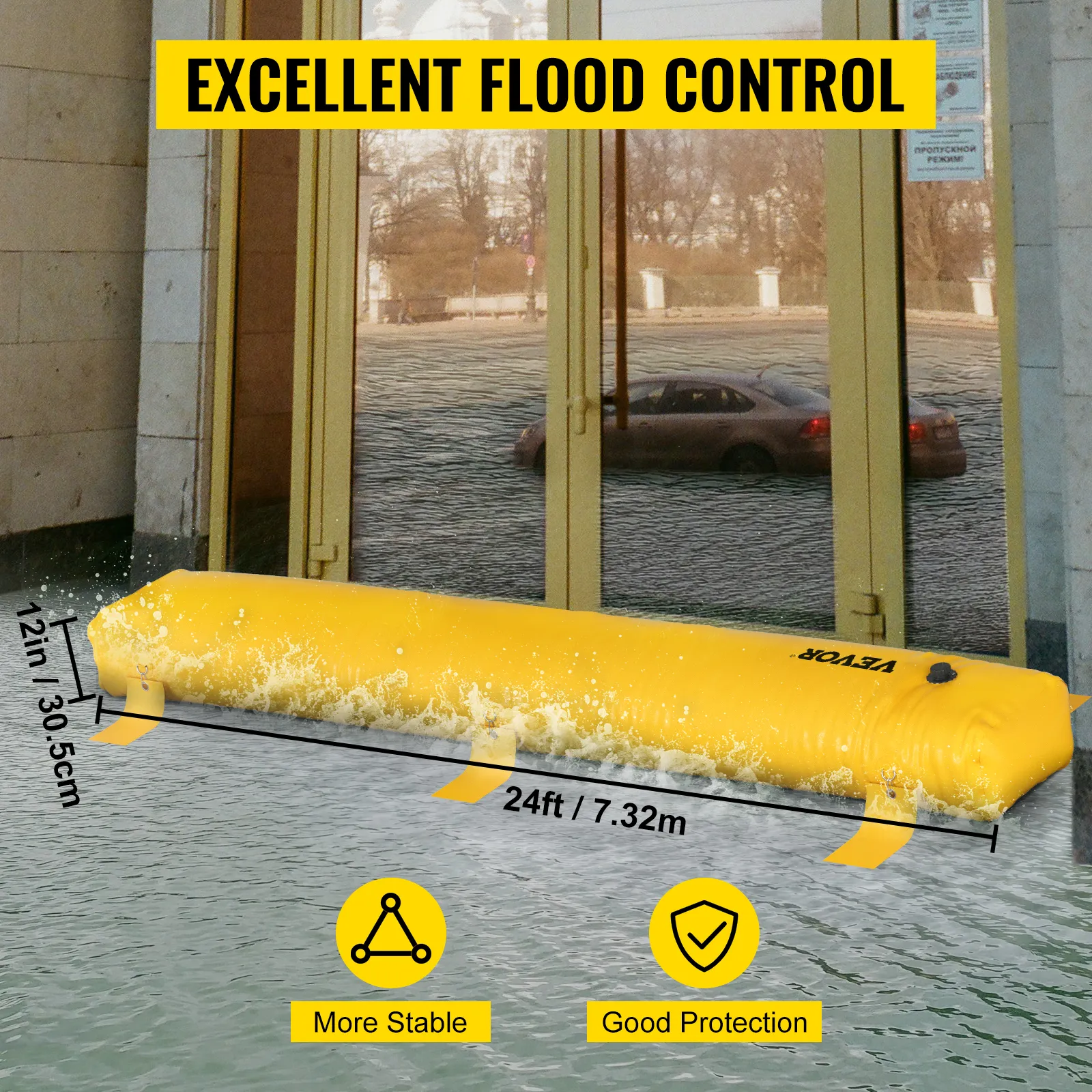 VEVOR flood bag providing excellent flood control, stable and protective, in front of flooded building.
