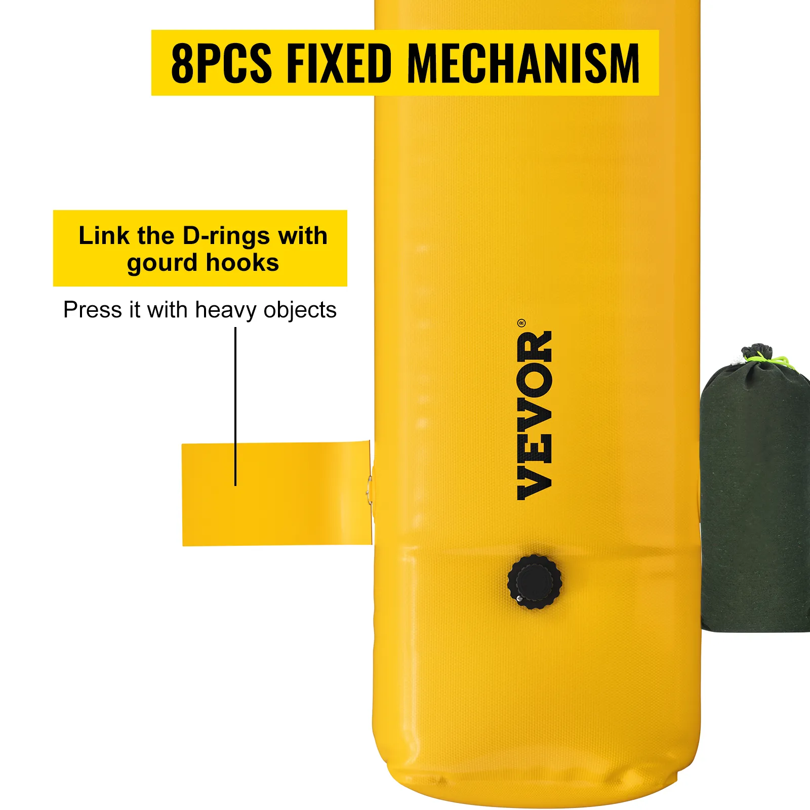VEVOR flood bag with 8pcs fixed mechanism, yellow bag, instructions, and black knob.