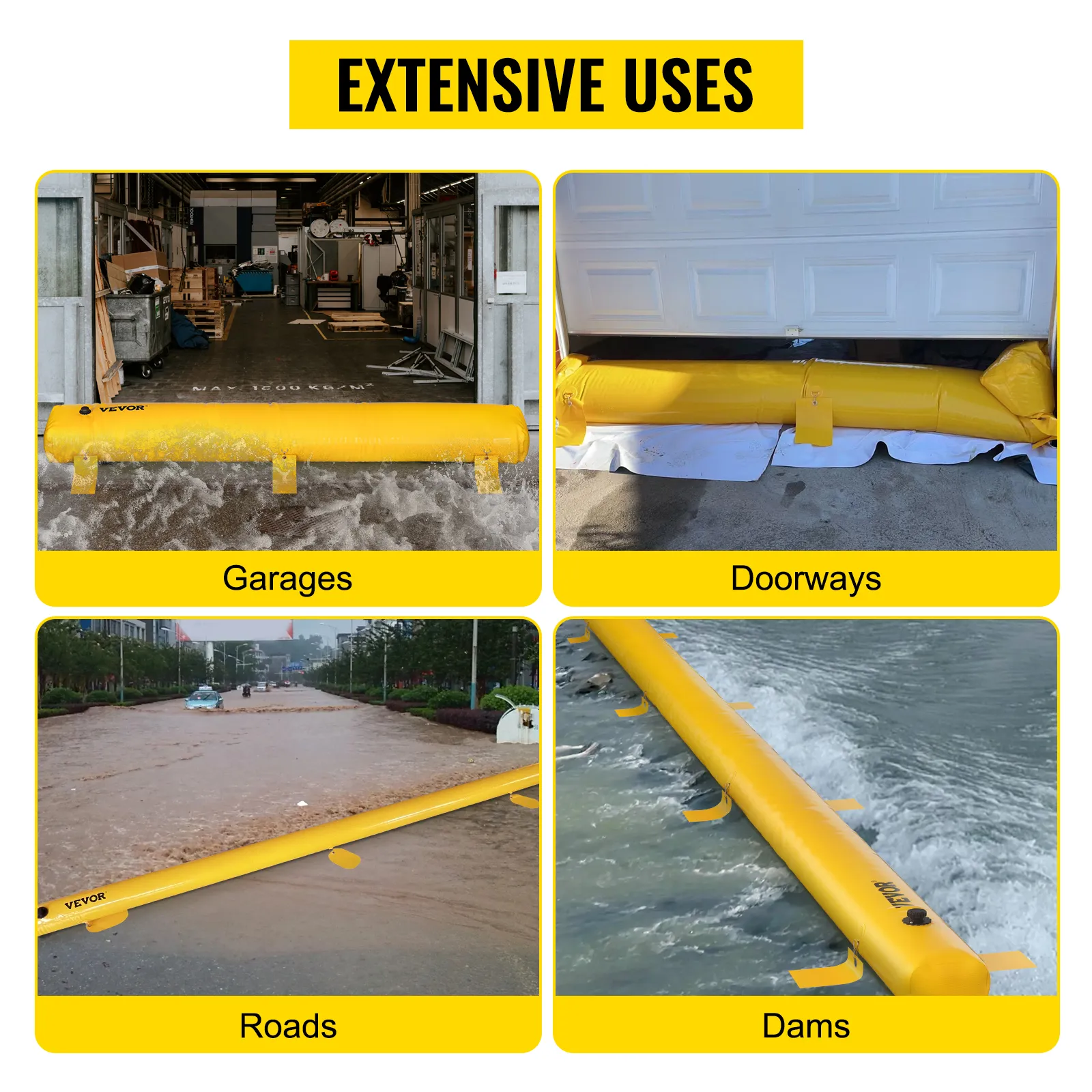 VEVOR flood bag protects garages, doorways, roads, and dams from water damage, showcasing extensive uses.