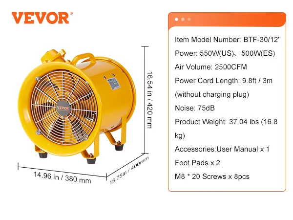 Ventilador portátil VEVOR, potencia de 550 W, volumen de aire de 2500 cfm, cable de alimentación de 9,8 pies, ruido de 75 db, peso de 37,04 libras.