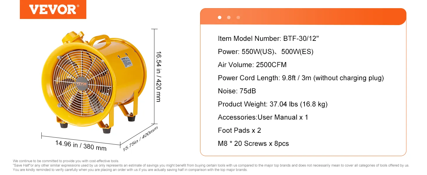 Ventilador portátil VEVOR, potencia de 550 W, volumen de aire de 2500 cfm, cable de alimentación de 9,8 pies, ruido de 75 db, peso de 37,04 libras.