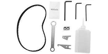Accesorios para cierrabolsas portátil VEVOR: cinturón, paquete de agujas, llaves, botella de aceite.