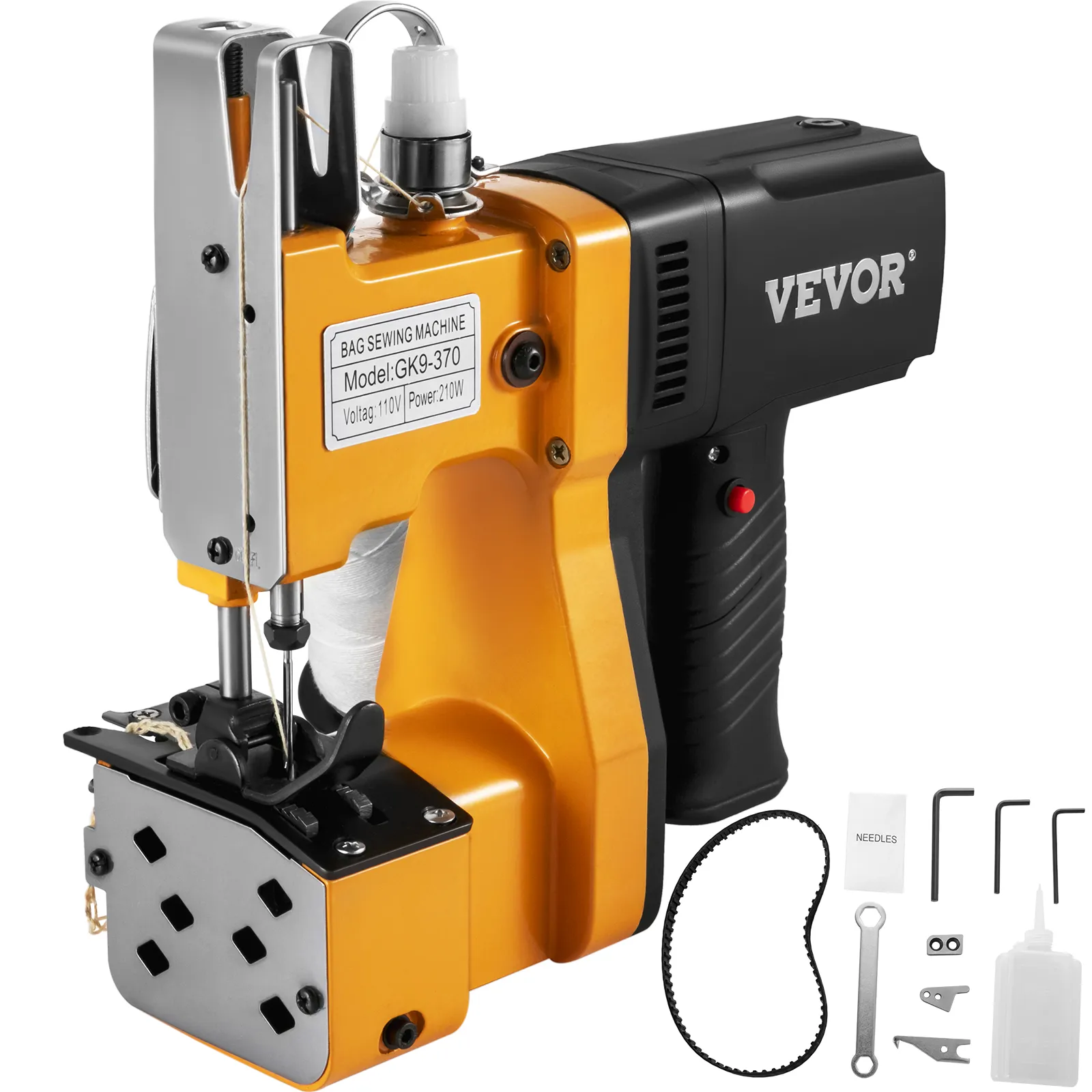 Cierrabolsas portátil VEVOR gk9-370 con accesorios, detalles de potencia y voltaje.