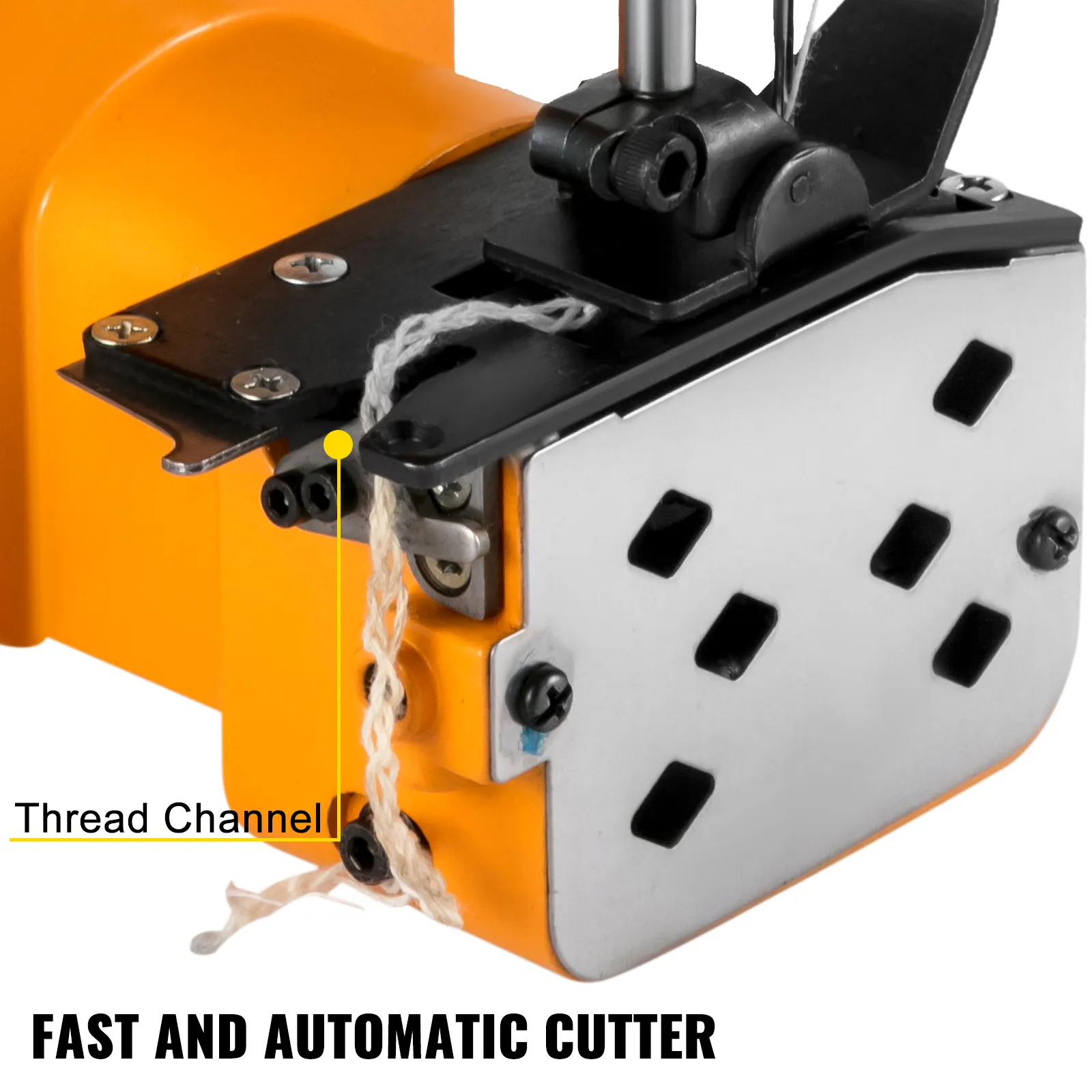 Primer plano del cerrador de bolsas portátil VEVOR con mecanismo de corte rápido y automático.