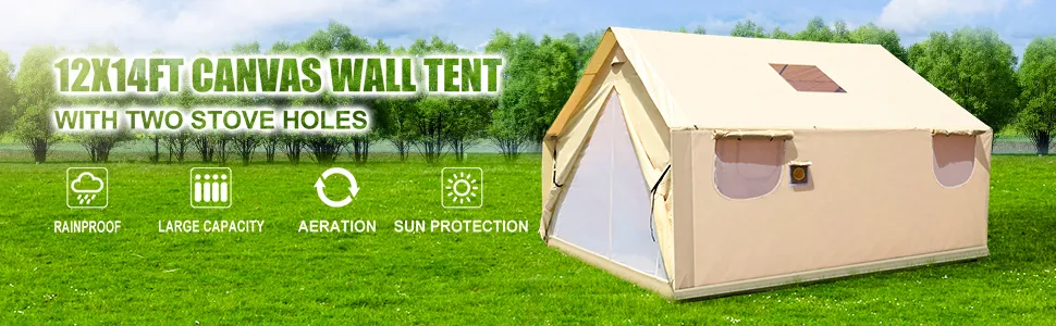 Tienda de campaña de lona VEVOR de 12 x 14 pies con orificios para estufa en un campo verde.