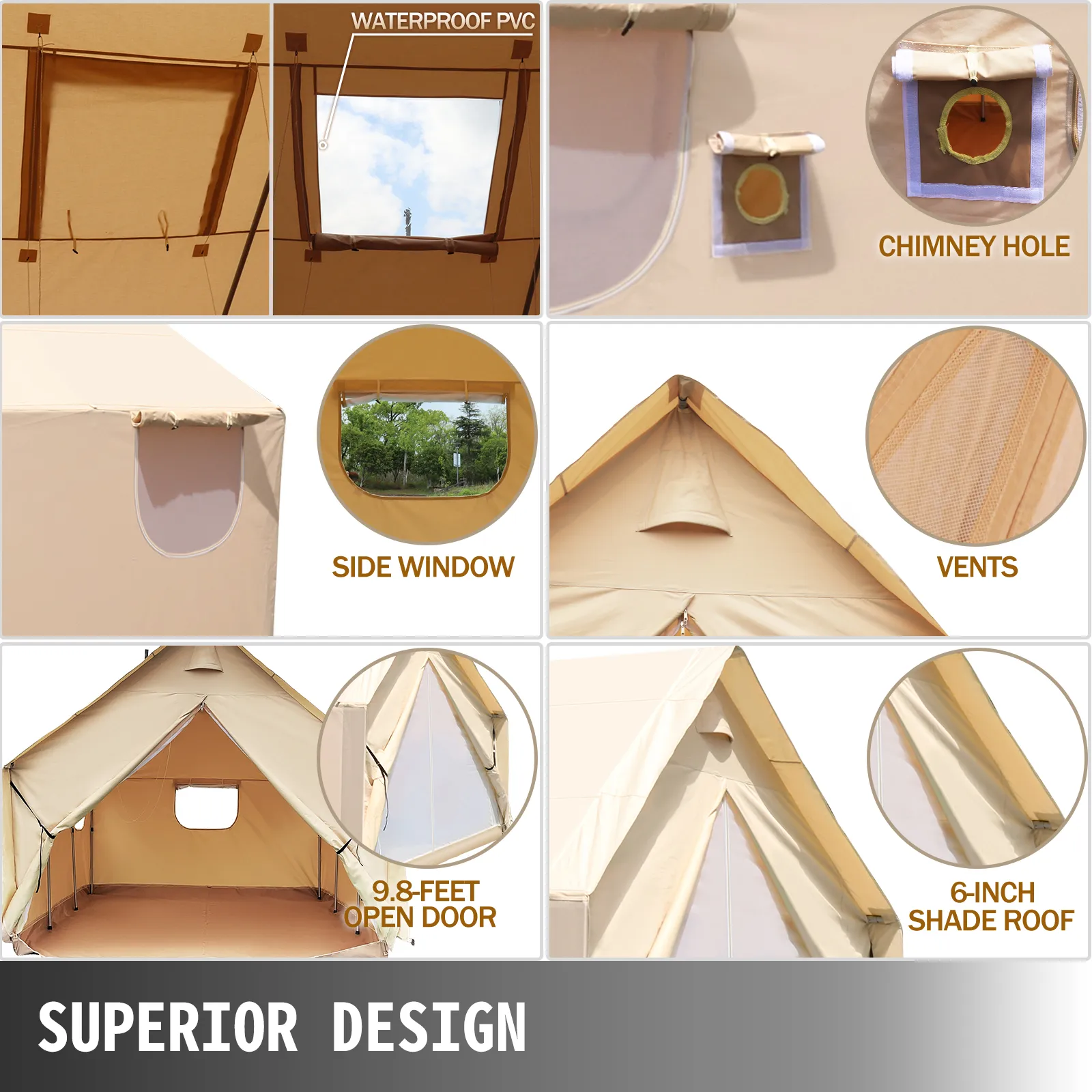 Tienda de campaña de lona de pared VEVOR con puerta abierta de 9,8 pies, ventana lateral, ventilaciones y orificio para chimenea.