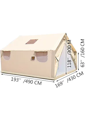 Tienda de lona de pared VEVOR con dimensiones mostradas en pulgadas y centímetros.