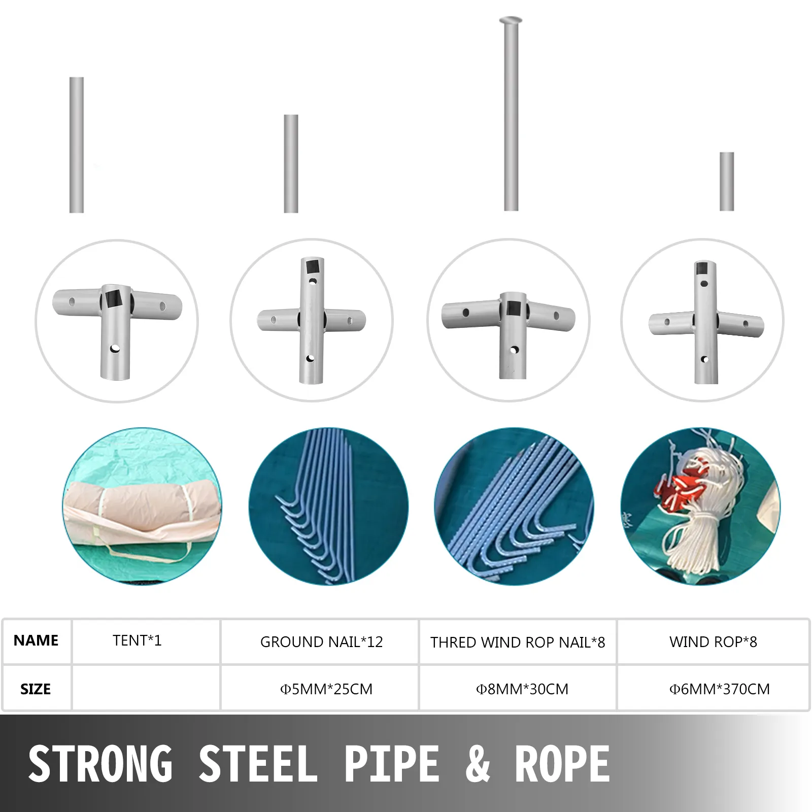 Componentes de la carpa de pared de lona VEVOR; tubos de acero, clavos, cuerdas, con tamaños detallados.