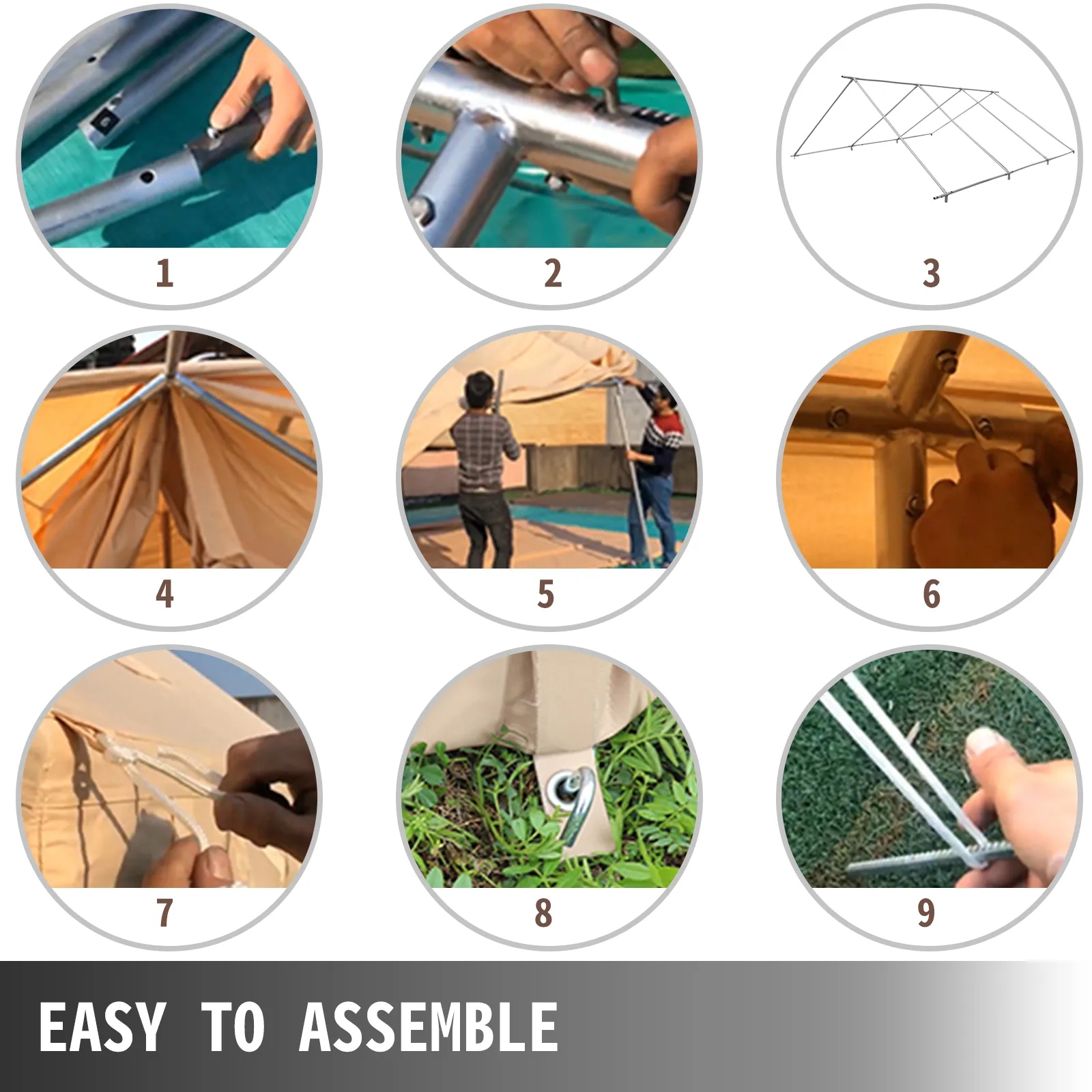 Pasos de montaje de la carpa de pared de lona VEVOR con estructura, tela e instrucciones de instalación.