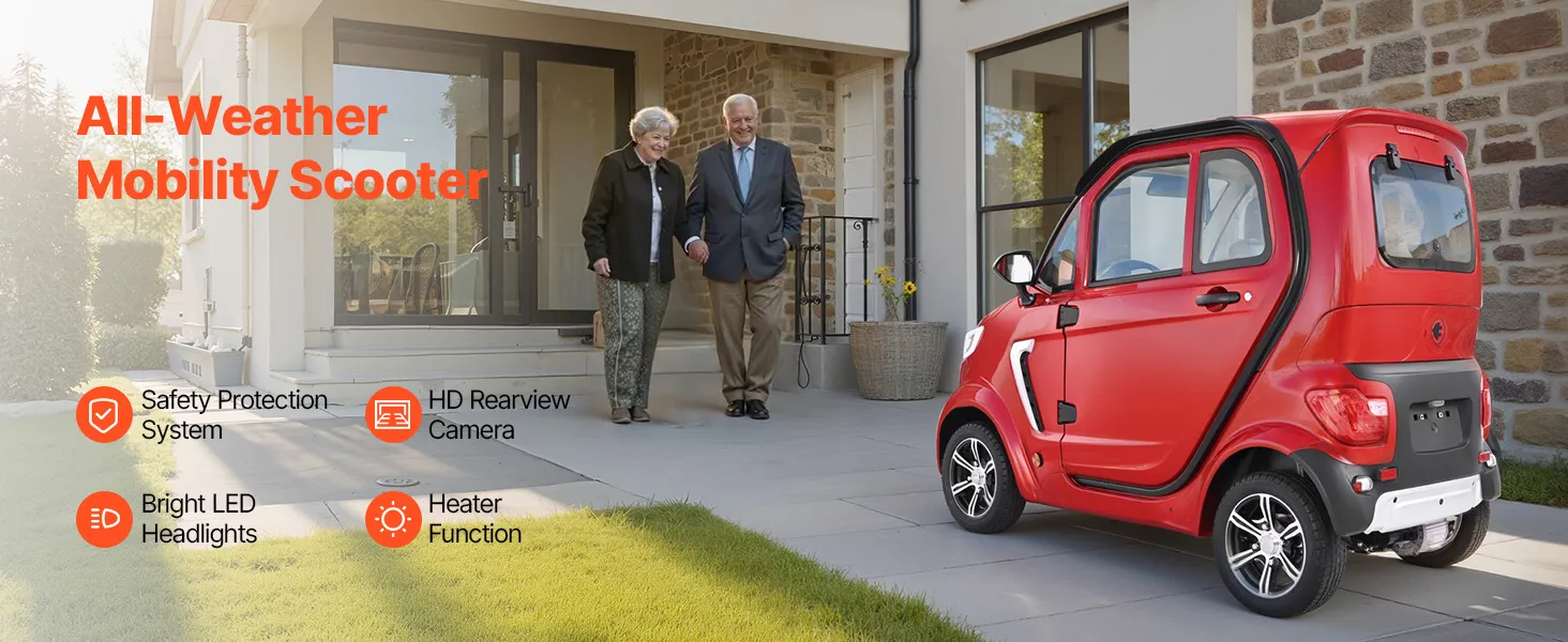 VEVOR 4-Wheel Enclosed Mobility Scooter for Seniors Adults, 660lbs Capacity, 3-Seater 2000W Electric Recreational Mobility Scooter 45 Miles Long Range, Remote Unlock, All-Terrain for Touring Shopping