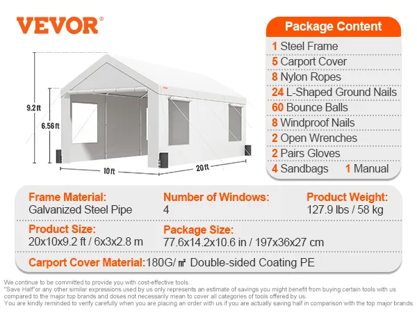 white VEVOR carport, 10x20 ft, steel frame, 4 windows, 8 columns, package contents listed in detail.