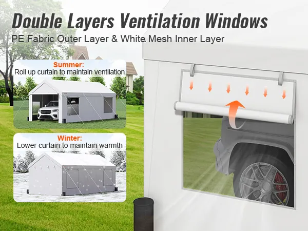 double layer vents on VEVOR carport showcasing summer and winter curtain adjustments.