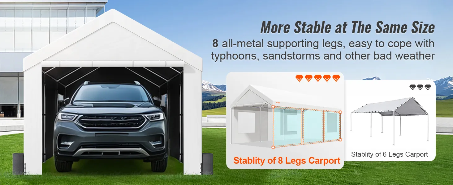 red truck inside a white VEVOR carport with 8 metal legs, showcasing stability against severe weather.