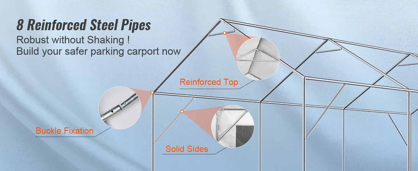 VEVOR carport with 8 reinforced steel pipes, showing buckle fixation, reinforced top, and solid sides.