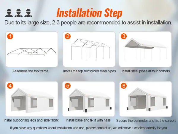 installation steps for VEVOR carport: assemble top frame, install reinforced pipes, support beams, cover, corner pipes