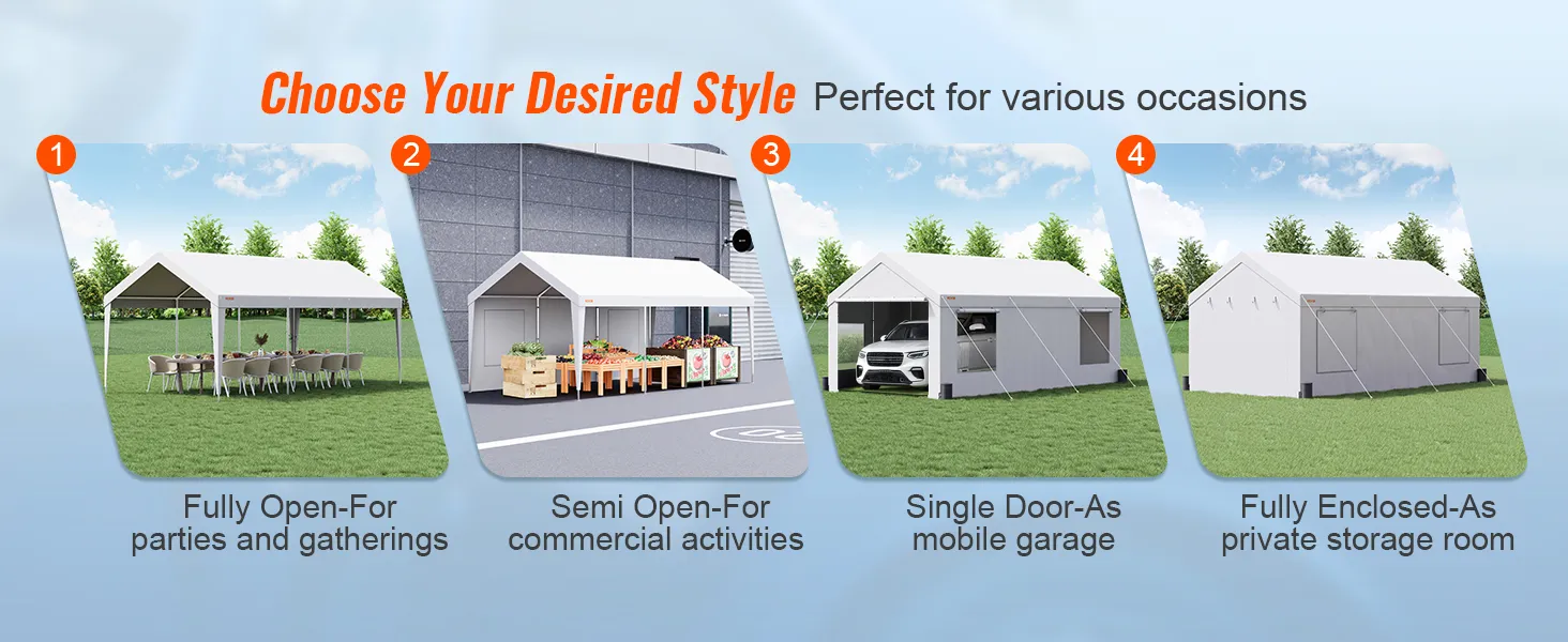 VEVOR carport options: fully open, semi-open, single door, and fully enclosed for various uses.